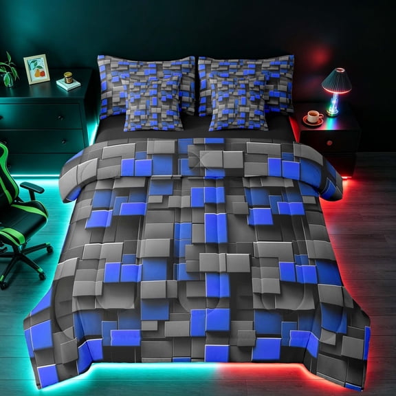 Manfei Sleek 3D Block Twin Bedding, Geometric Bedding Comforter Set, Gray Blue, Black Reversible 7pcs