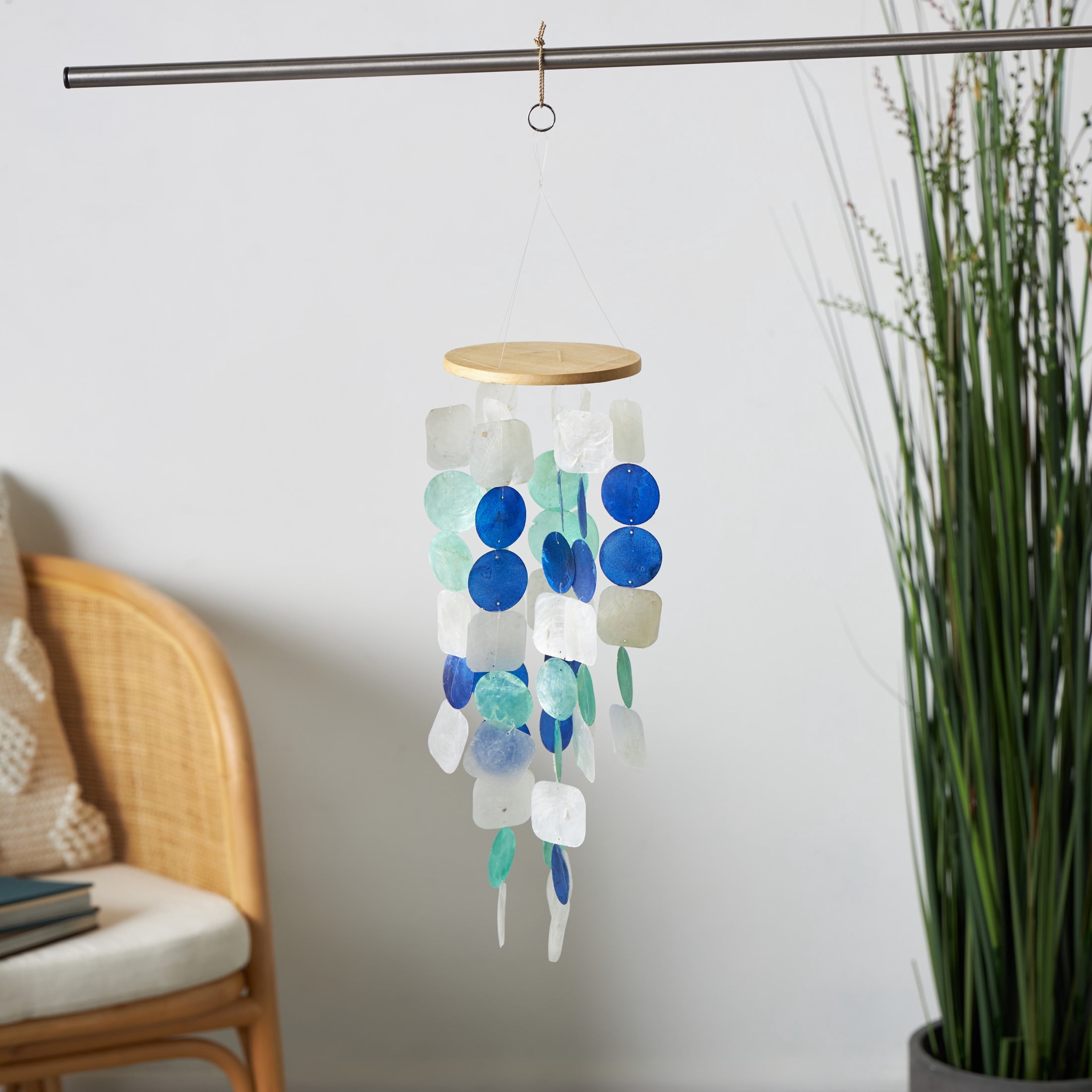 DecMode 5" White Capiz Shell Waterfall Geometric Windchime with Blue and Teal Accents