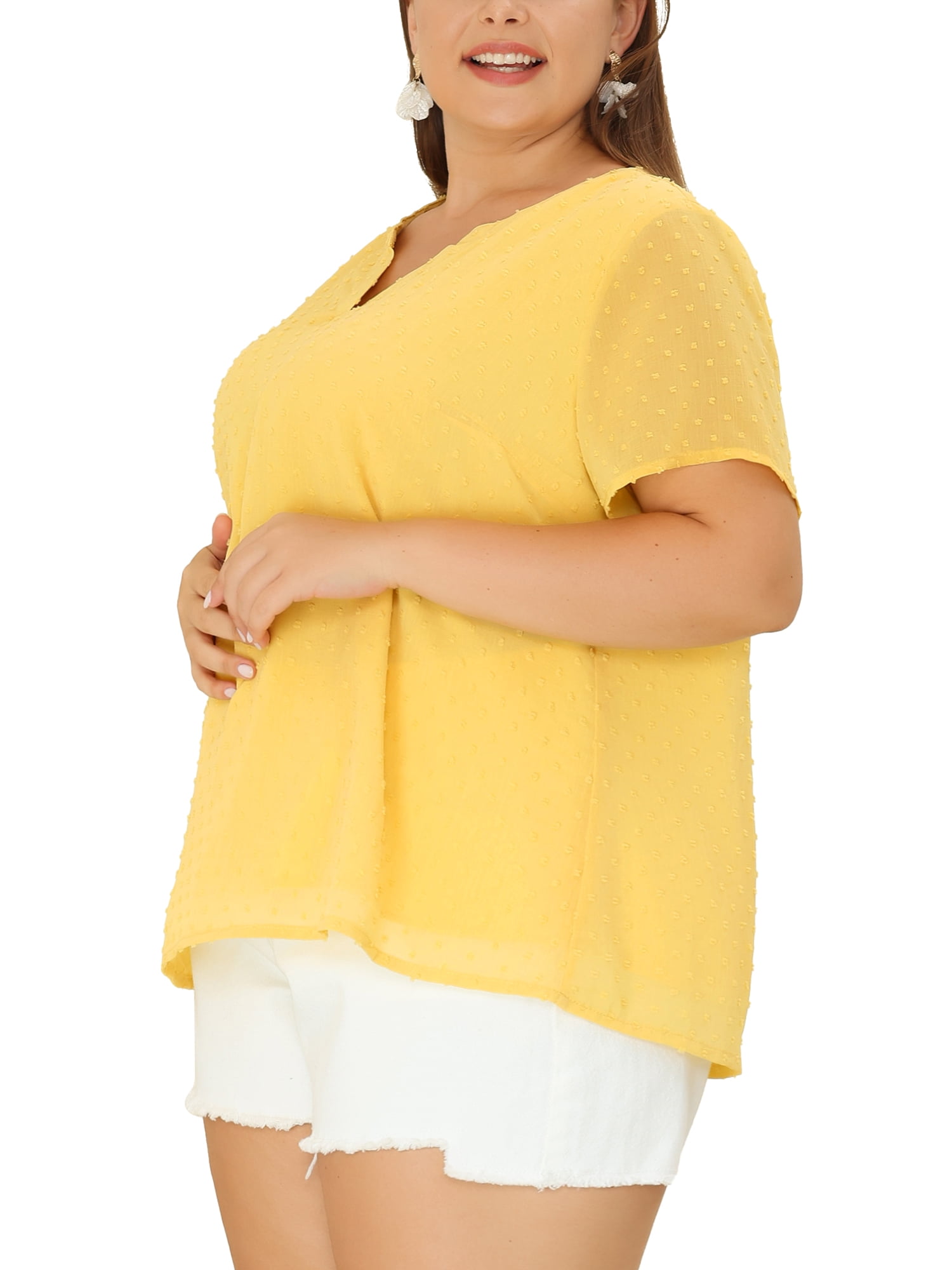 Unique Bargains Women's Plus Size Outfits Fashion Solid Pin Dots V Neck Top 3X Yellow