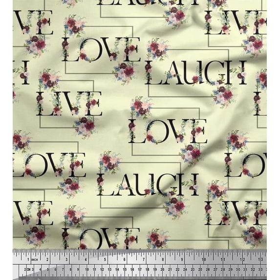 Soimoi Yellow Cotton Poplin Fabric Floral Love Text Print Sewing Fabric Yard 58 Inch Wide