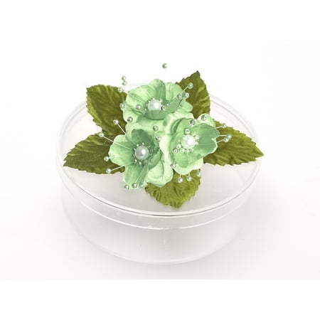 Clear Candy Dish 3 Clear Round Cookie Nut Candy Boxes w/ Pearl Satin Organza Flower - Turquoise • Container material is Plastic • Clear round cookie nut candy boxes are 4.5