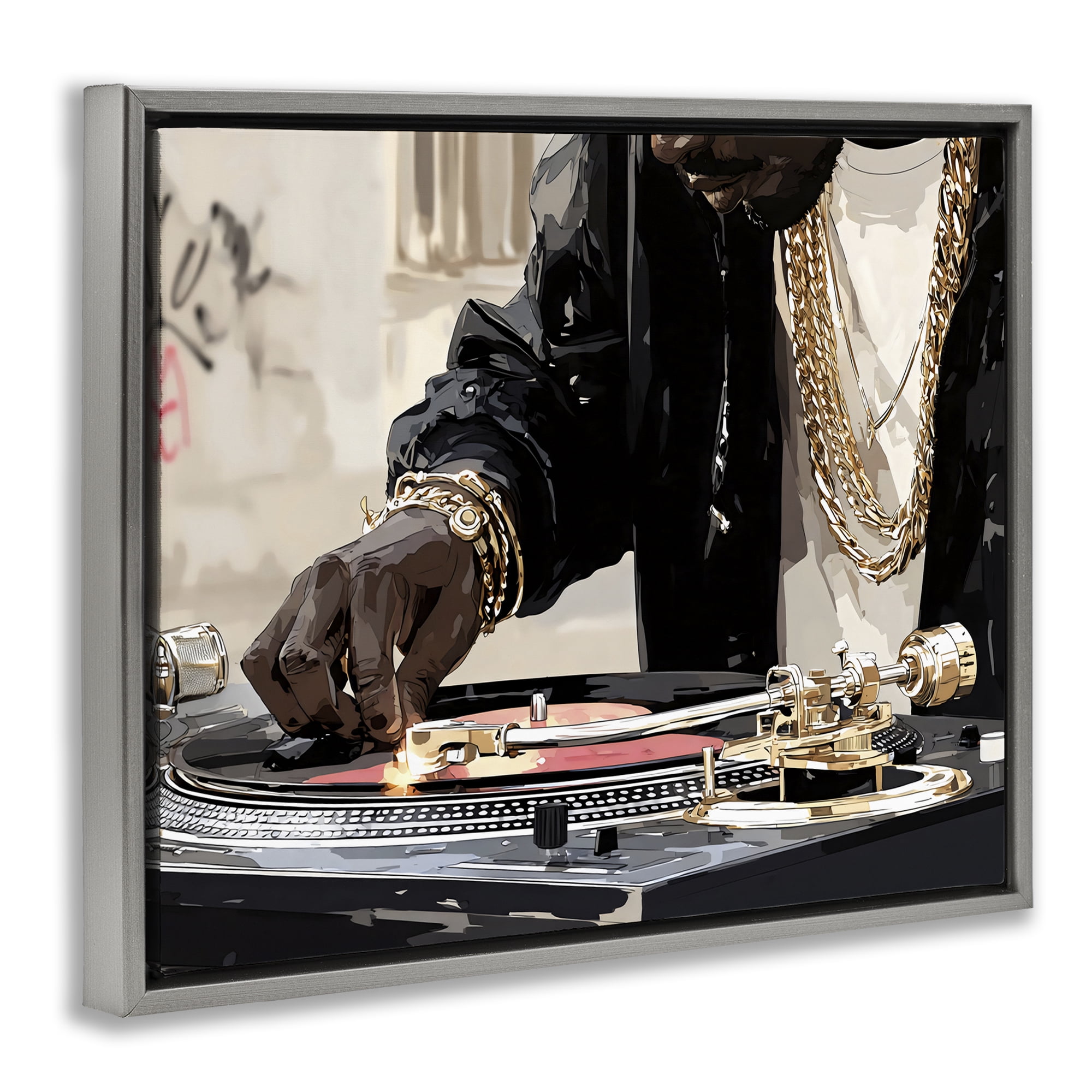 Stupell Industries Golden Touch on DJ's Turntable Gray Framed Floater Canvas Wall Art, design by Franklyn Gregory