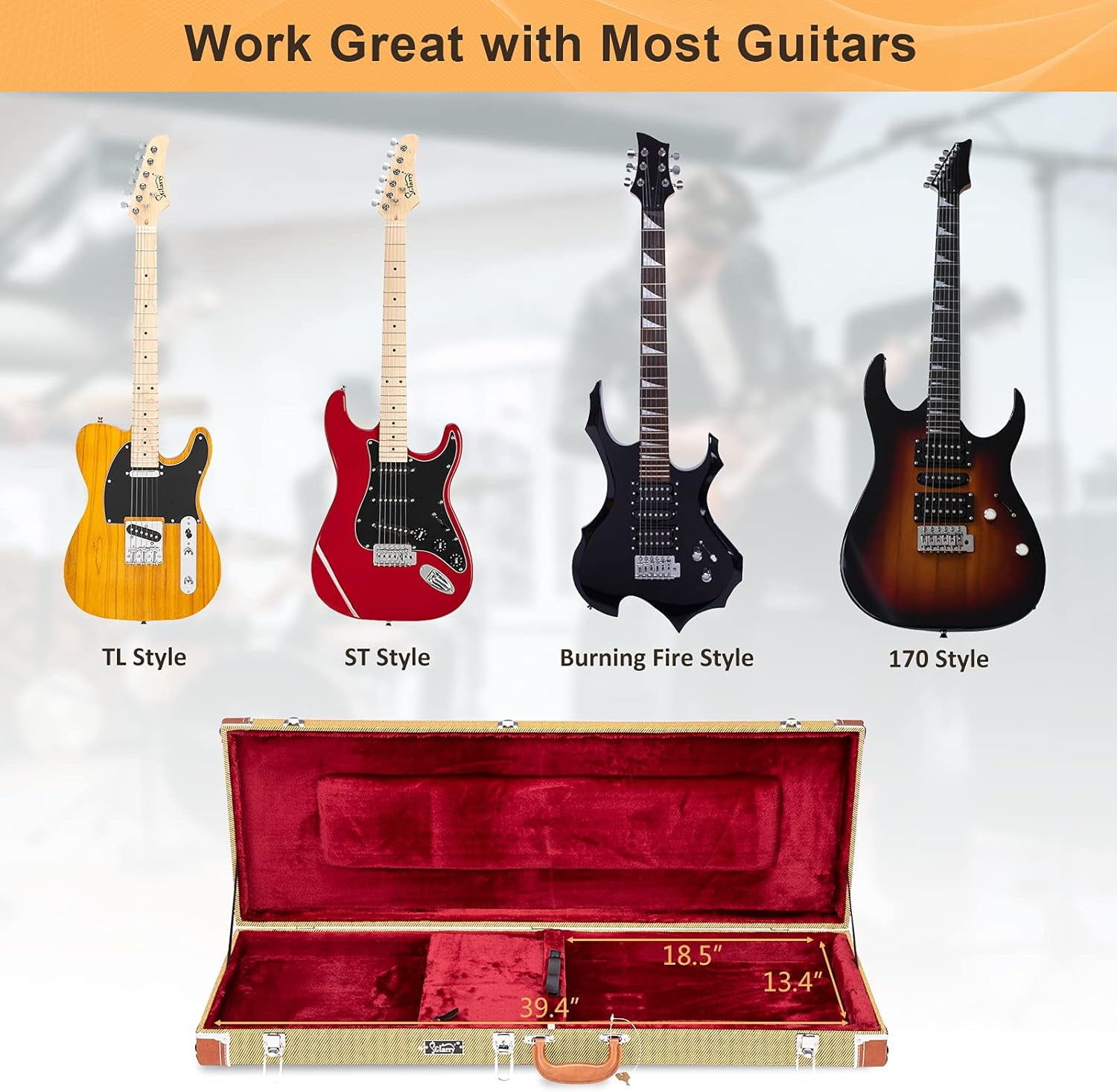GLARRY ST Deluxe Electric Guitar Hard Shell Case Portable Square Guitar Case Microgroove Flat With Extra Neck & Bridge Padding (Yellow)