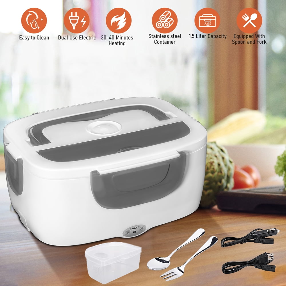 Feoflen 2 in 1 Plug-in Bento box, Electric Heating Bento box for Car, 1.5L Protable Lunch Box with Fork and Spoon, Food Warmer Container, Thickened Sealing Ring Design