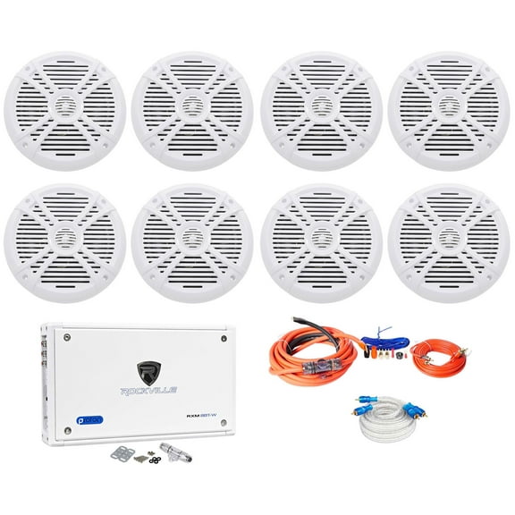 (8) Rockville RMSTS80W 8" Marine Boat Speakers 8-Channel Amplifier Amp Kit
