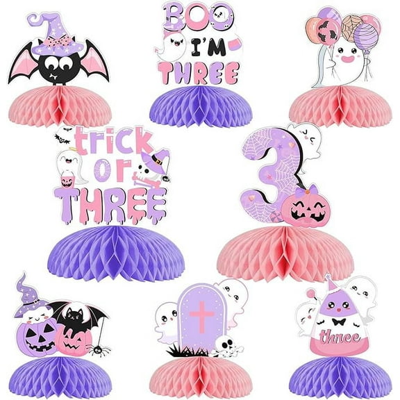 Halloween 3rd Birthday Party Decorations, Trick or Three Pink and Purple Halloween Third Birthday Decorations - 8PCS Honeycomb Centerpieces for Boo I Am Three Party