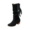 thumbnail image 2 of Fitoron Women's Mid Calf Boots Tassels Suede Slouch Boots Block Heel Winter Cowgirl Boots Christmas Gift- Black 6.5, 2 of 5