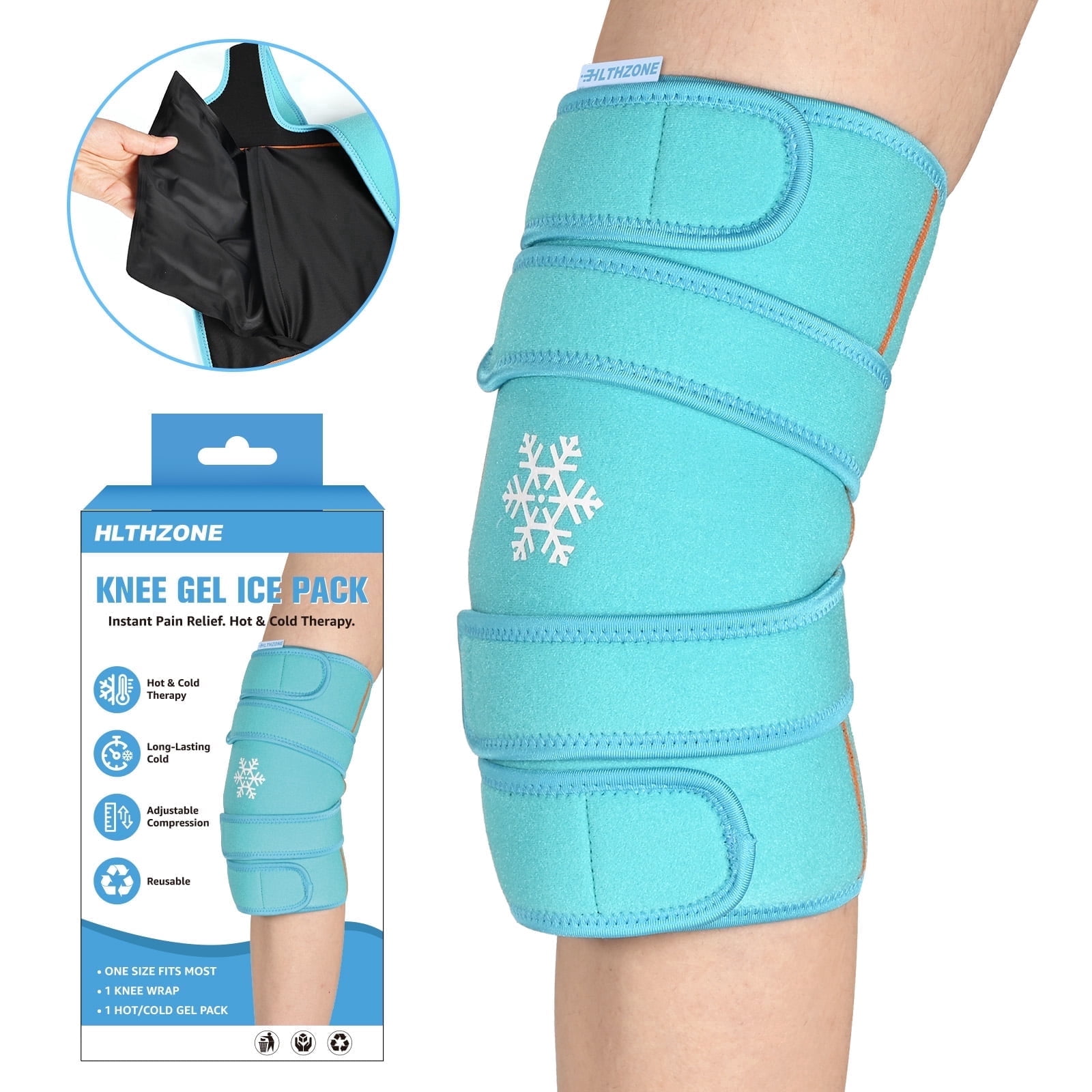 HLTHZONE Knee Ice Pack Wrap, Reusable Gel for Cold & Hot Therapy for Swelling & Arthritis, Full Coverage, One Size, Blue, 1 Pack
