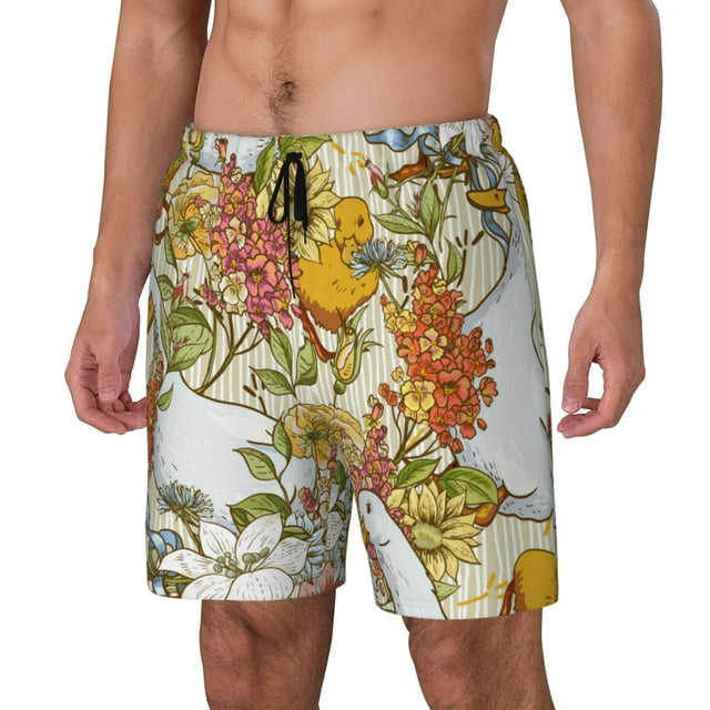 Balery Ducks and Flowers Bañador para hombre, shorts de playa de secado rápido con entrepierna y forro de compresión-XX-Large
