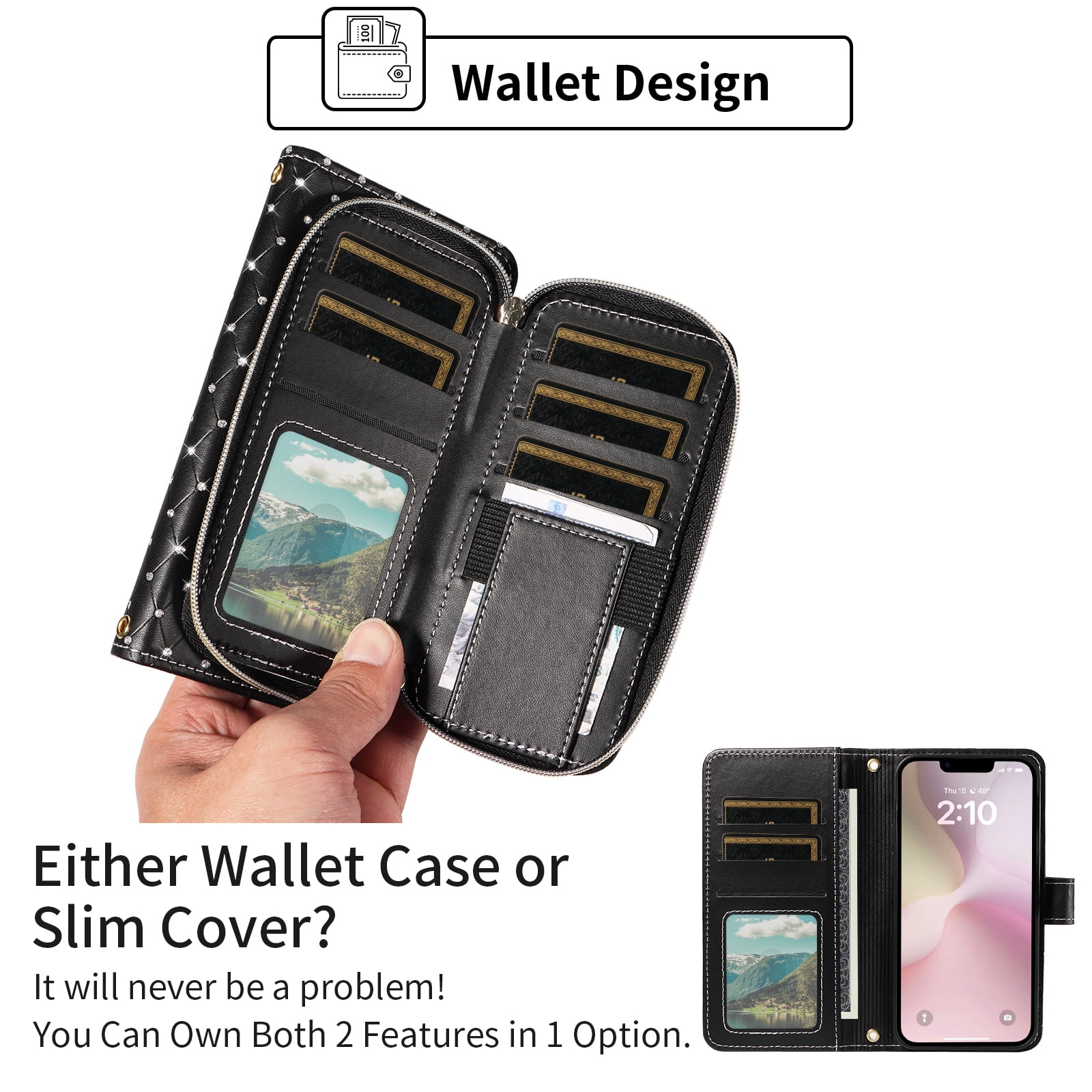 Compatible with iPhone 16e/SE 2025/SE 4 Wallet Phone Case Tempered Glass Screen Protector Bling Glitter Crossbody Lanyard Strap Flip Zipper Purse Card Holder Cell Cover for i Phone16e SE4 Women Black