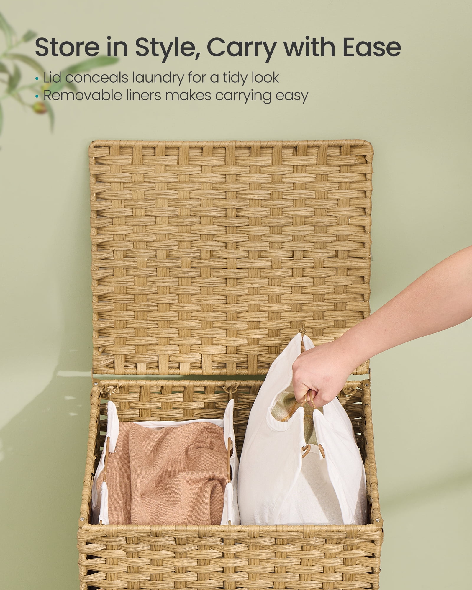 SONGMICS Laundry Hamper with Lid, PE Rattan,with Removable Liner, Storage Basket, 2-Section Sorter, 29 Gallons (110 L), Goose Yellow