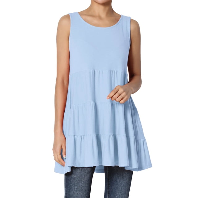 TheMoogan Women's PLUS S~3X Sleeveless Tiered Ruffle Babydoll TUNIC Cute Relaxed Tank Top