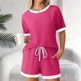 thumbnail image 2 of Two Piece Sets for Women Going out Summer Crew Neck Short Sleeve Ribbed Contrast Drawstring Shorts Casual Loungewear 2 Piece Set, 2 of 5