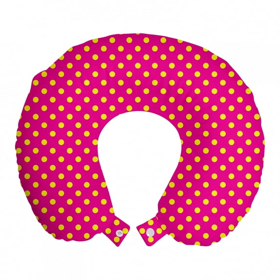 Retro Travel Pillow Neck Rest, Retro Polka Dots Vintage Textured Classical Feminine Nostalgic Design, Memory Foam Traveling Accessory Airplane and Car, 12", Hot Pink and Yellow, by Ambesonne