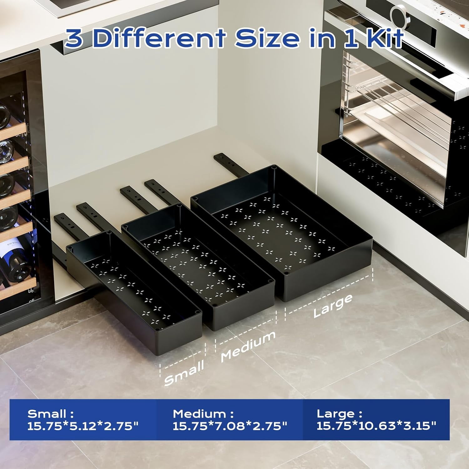 ROSYNEY 3 pack Pull Out Cabinet Organizer, Multi-Size (10.63", 7.08" and 5.12") Slide Out Drawers for Kitchen, Pantry, Bathroom, Black