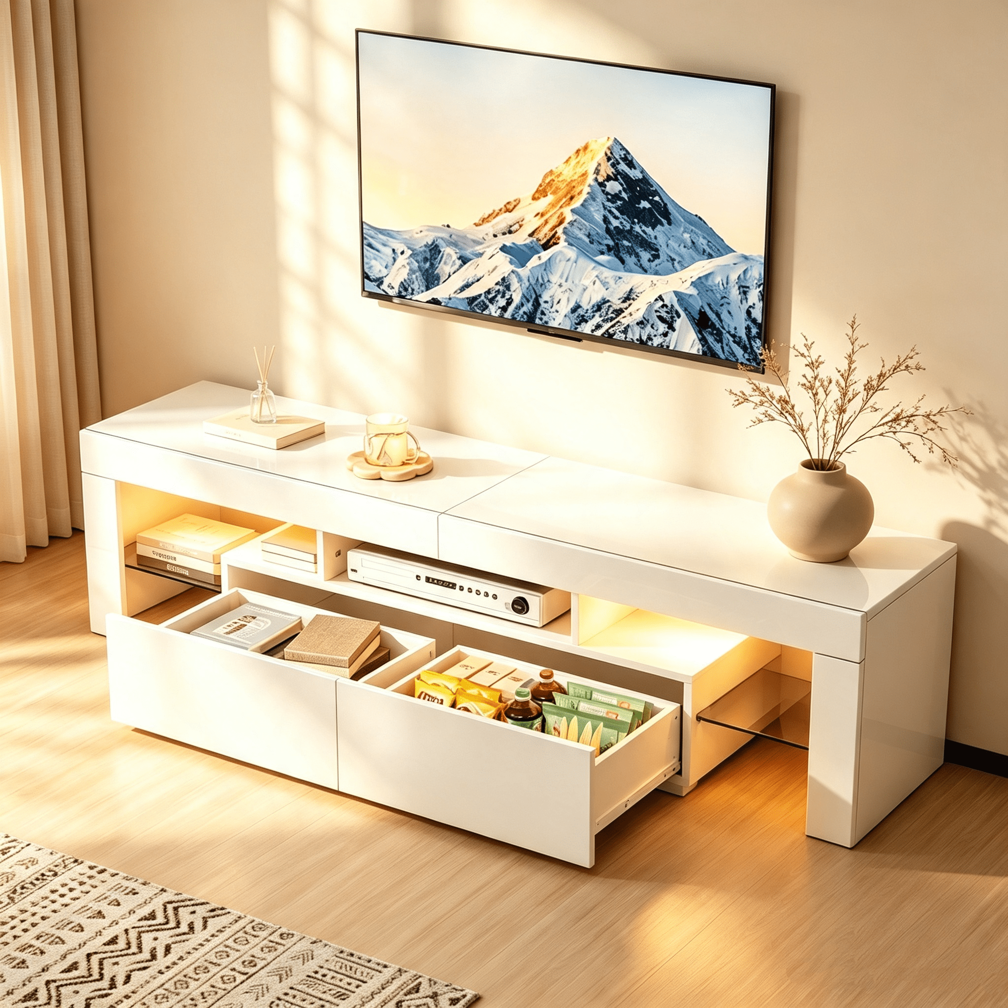 TV Stand with RGB LED Lights, MDF Entertainment Center with 2 Drawers & Tempered Glass Shelves, Modern Media Console Table for TVs Up to 70 Inches, White High Gloss 61.4x13.8x15.7 Inches