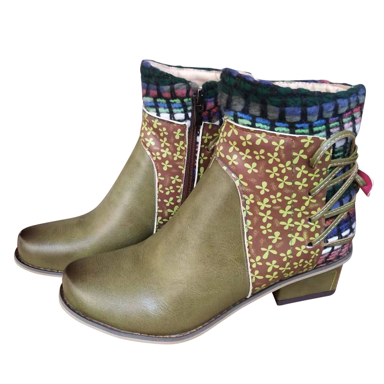 St. Patrick's Day AXXD Women's Vintage Splicing Round Toe Square Heel Boots Thick Heel Short Shoes Women's Boots Clearance Green Size 36(US:5.5)