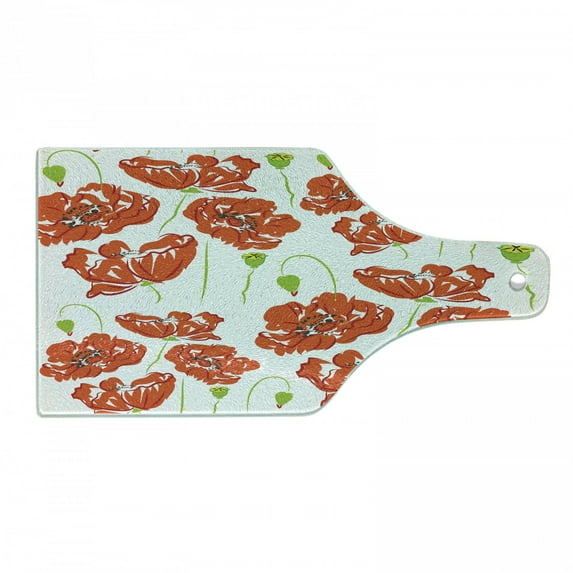 Anemone Flower Cutting Board, Doodle Style Poppy Anemone Field in Full Blossom May Flowers, Tempered Glass Cutting and Serving Board, Wine Bottle Shape, Orange White Lime Green, by Ambesonne