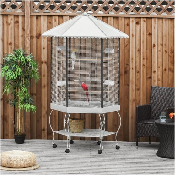 JERFIT 67’’ Hexagon Bird Cage with Stand & Wheels, Large Rolling Flight Aviary with Canopy Cover, Removable Tray for Easy Cleaning, Grey
