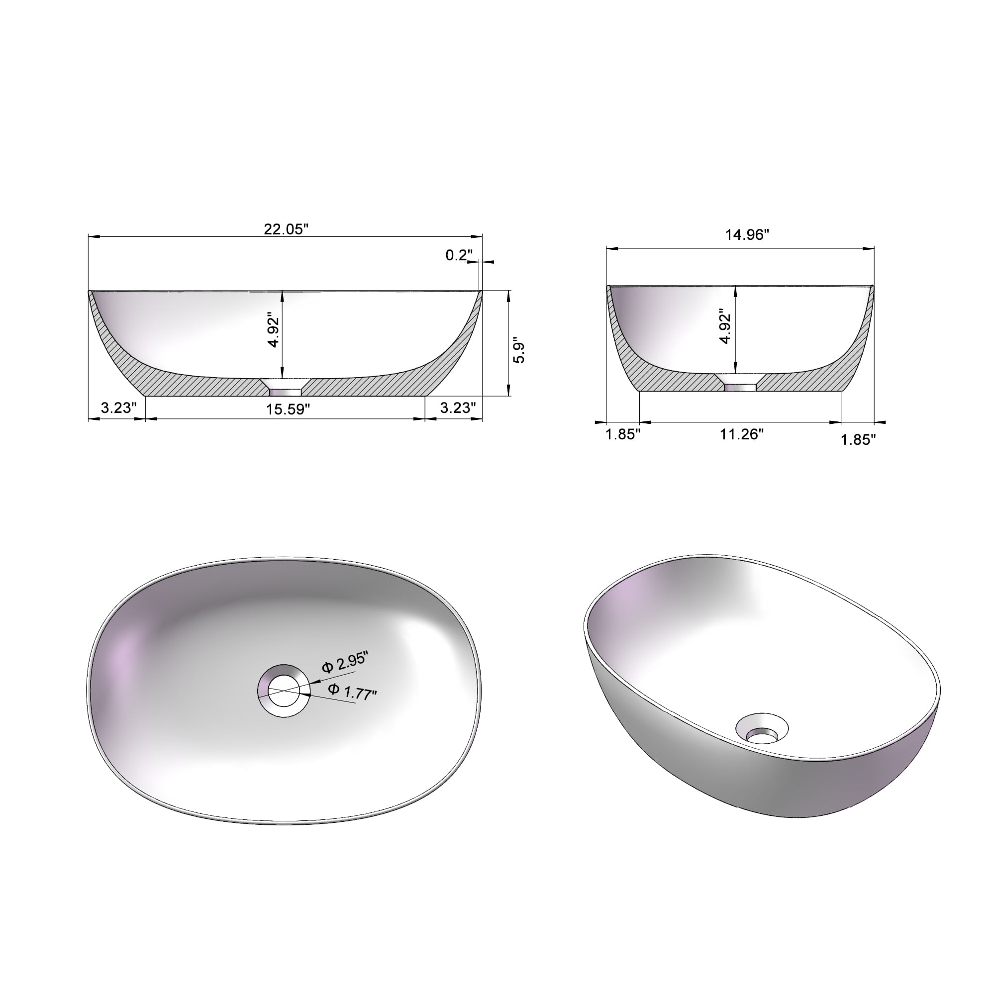 Lisonu 22" Brown Resin Vessel Bathroom Sink Modern Art Contemporary Design Non-Porous Surface for Home Office Hotel