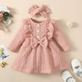 thumbnail image 2 of Mercatoo Toddler Baby Girl Dress Outfits 𝐑uffle Knit Bow Solid Long Sleeve Dress Casual Spring Fall 𝐕intage Skirt with Headband, 2 of 9
