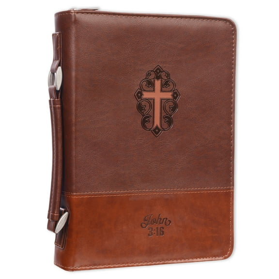 John 3:16 Two-Tone Brown Faux Leather Bible Cover With Cross