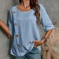 thumbnail image 2 of Olyvenn Linen Shirts for Women 2025 Short Sleeve Crewneck Tops Casual Loose Fit Blouses Trendy Summer Button T-Shirt Light Blue XXL, 2 of 7