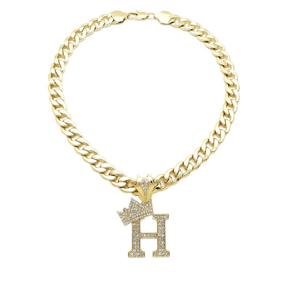 iJewelry2 Kings and Queens Crowned Initial Letter H Crystals Pendant Gold-tone Cuban Linked Chain Necklace