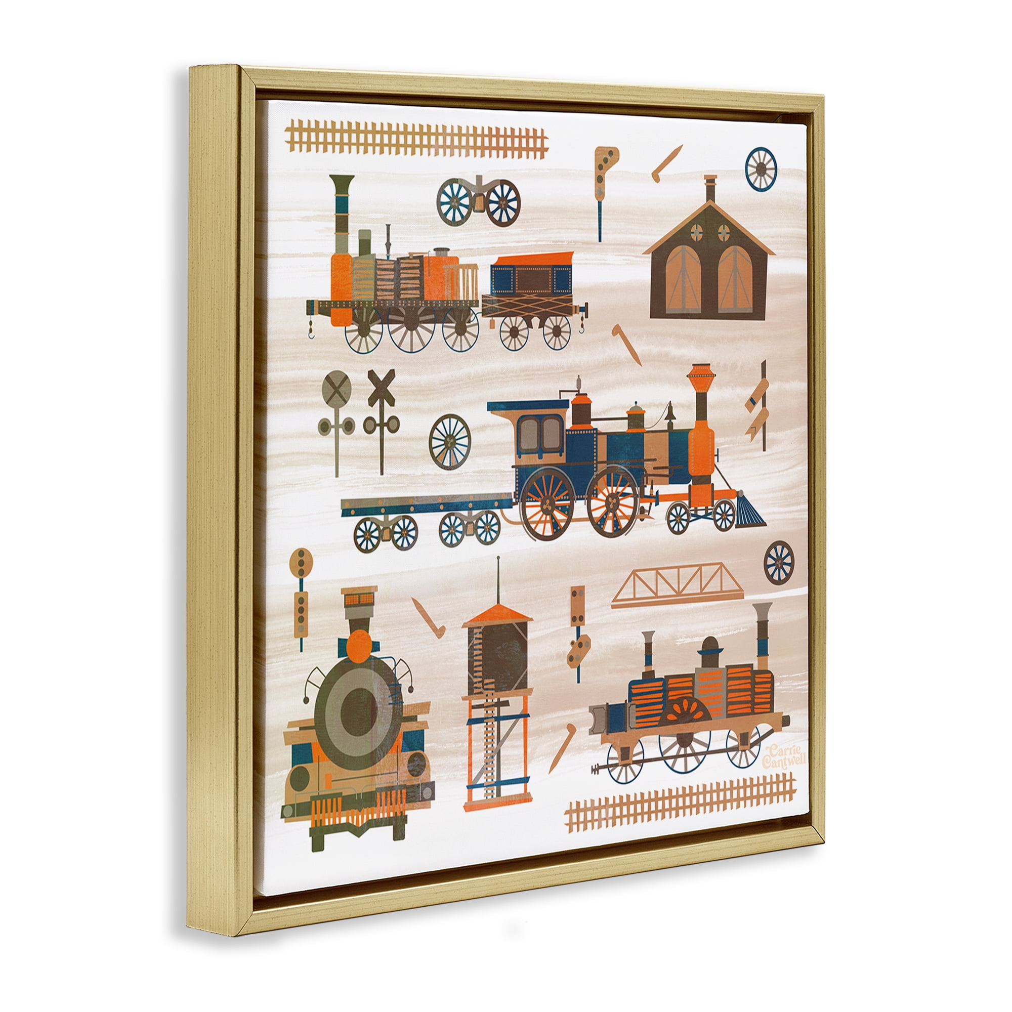 Stupell Industries Totally Trains Rustic Transportation Painting Gold Floater Framed Canvas Art Print Wall Art, 18 x 18