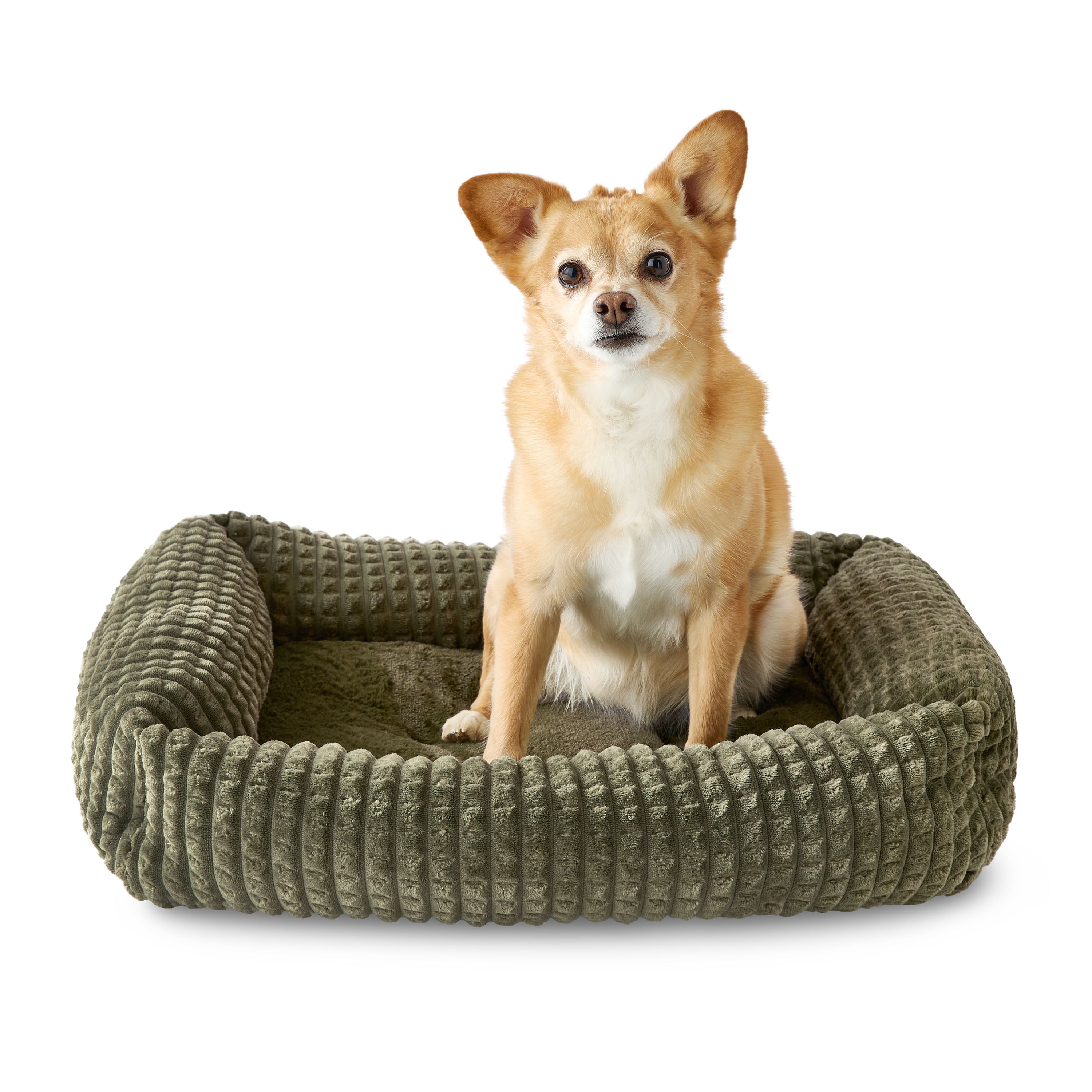 Vibrant Life Medium Flannel Waffle Texture Bolster Cat or Dog Bed, Green, 21" x 25"