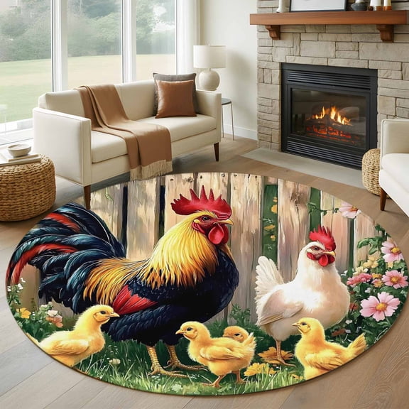 Vintage Rooster Round Rug 5ft Washable Circle Kitchen Rugs Non Slip Farmhouse Animals Watercolor Floral Large Area Rug Indoor Floor Carpet for Bedroom Living Room Home Office Dining Room Nursery
