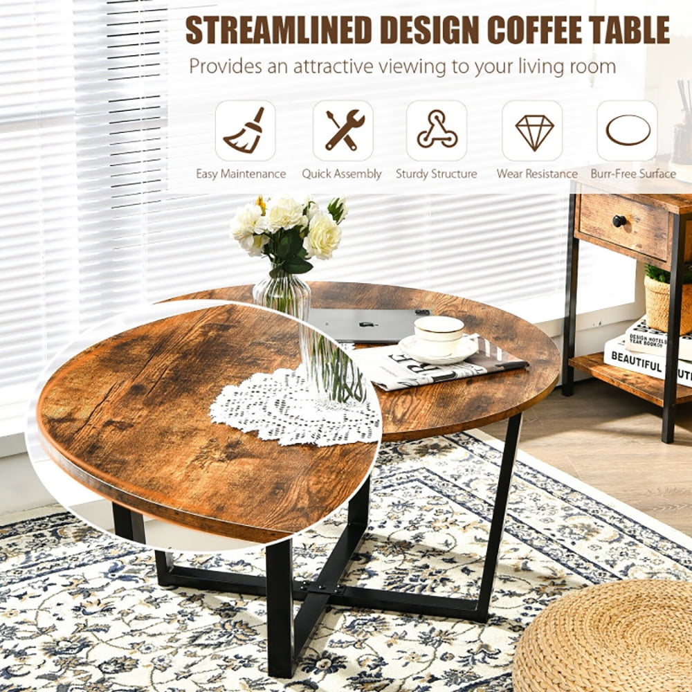 Finihen Round Coffee Table, Round Industrial Style Cocktail Side Coffee Table With Metal Frame, for Living Room, Reception Room, Brown Finihen Round Coffee Table, Round Industrial Style Cocktail Side Coffee Table With Metal Frame, for Living Room, Reception Room, Brown