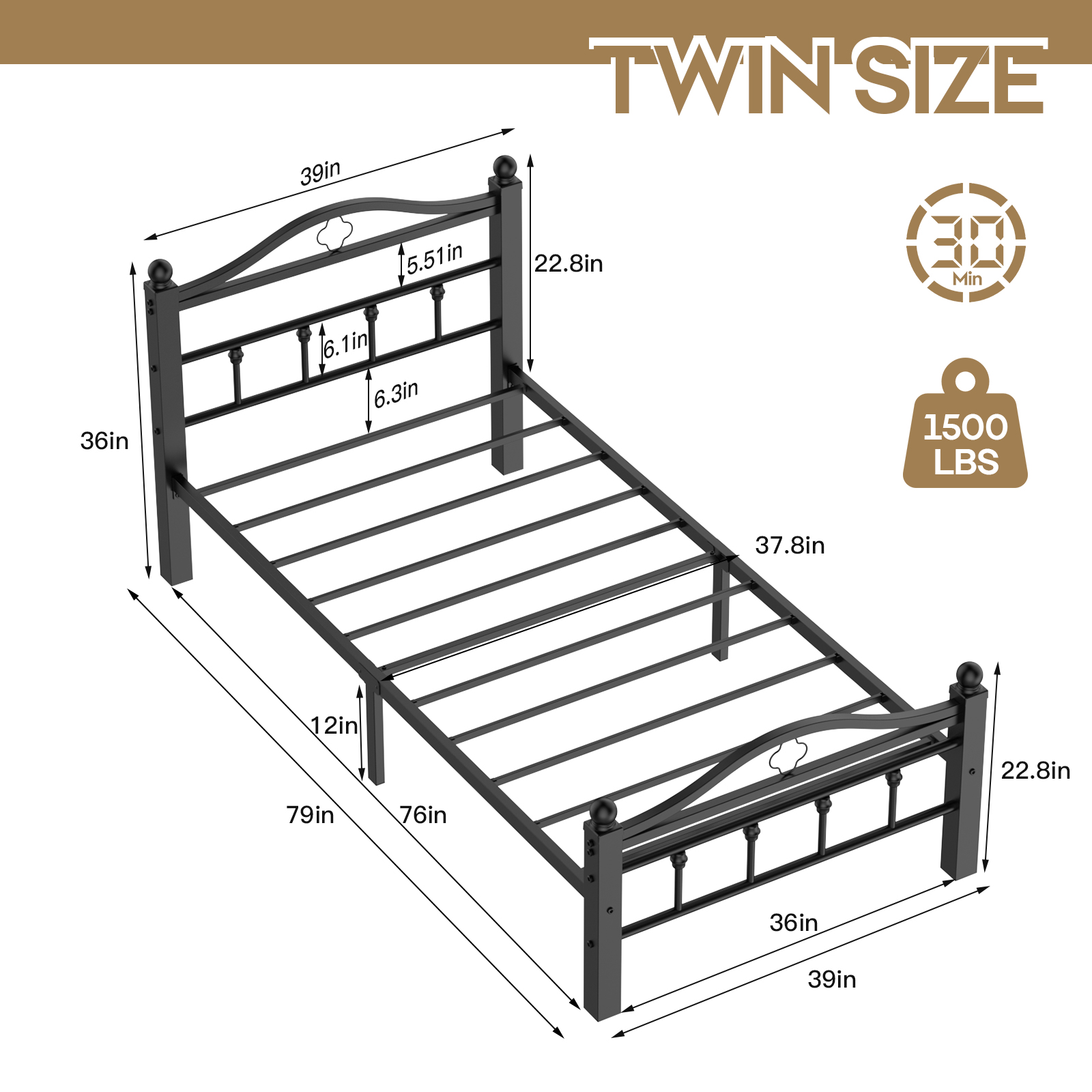 Twin Bed Frames With Headboard -Heavy Duty Twin Size Bed Frame, 1500LBS Capacity & Noise Free Design, 12 Inch Under-Bed Storage, No Box Spring Needed, Easy Assembly, Black