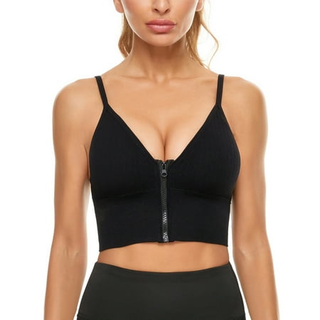 

Deepwonder Women s Zip Front Bra Ribbed Crop Top Wirefree Post-Surgery Bra Racerback Workout Yoga Sports Bra with Removable Pads Plus Size M to 4XL