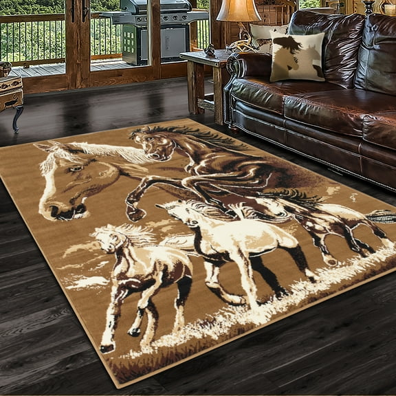 Allstar 5x7 Safari Area Rug in Brown with Chocolate Graphic Horse Team design (5' 2" x 7' 0")