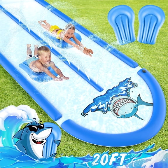 Growsly Slip and Slide Lawn Water Slide with 2 Bodyboards, 20FT Heavy Duty Double Lane for Kids Backyard Games with Sprinkler, Blue