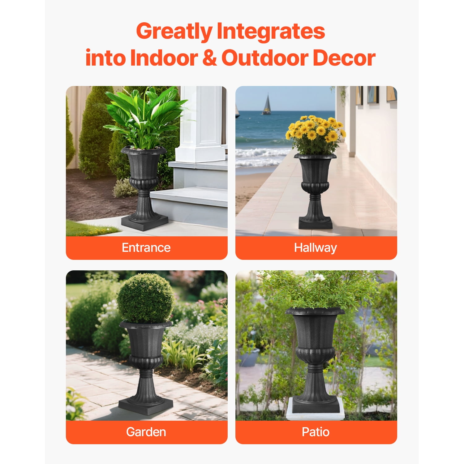 KFFKFF Set of 2 Black Plastic Urn Planters, 9.8 x 16.5 Inches, Classic Flower Pots for Indoor & Outdoor Use, Ideal for Weddings, Events, Home, Garden, Balcony, Patio, and Porch Decoration