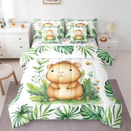 Erosebridal Guinea Pig Bedding Sets Twin Size, Kawaii Hamster Comforter Sets with Sheets, Palm Botanical Reversible Bedding Twin Size, Microfiber Room Decorative, 7-Piece