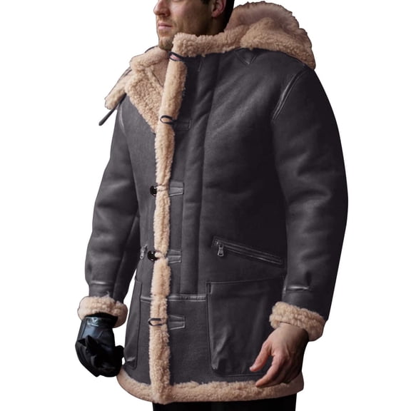 Men's Shearling Leather Jacket Suede Sherpa Lined Fleece Winter Pea Coat Faux Fur Vintage Button Down Long Trench Coat