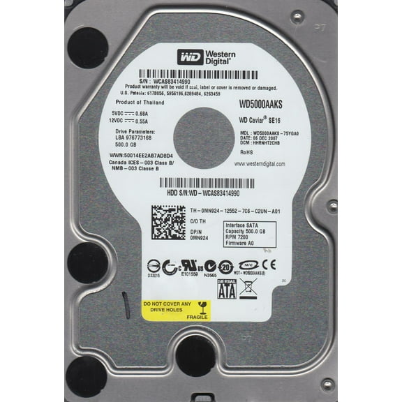 WD5000AAKS-75YGA0, DCM HHRNHT2CHB, Western Digital 500GB SATA 3.5 Hard Drive