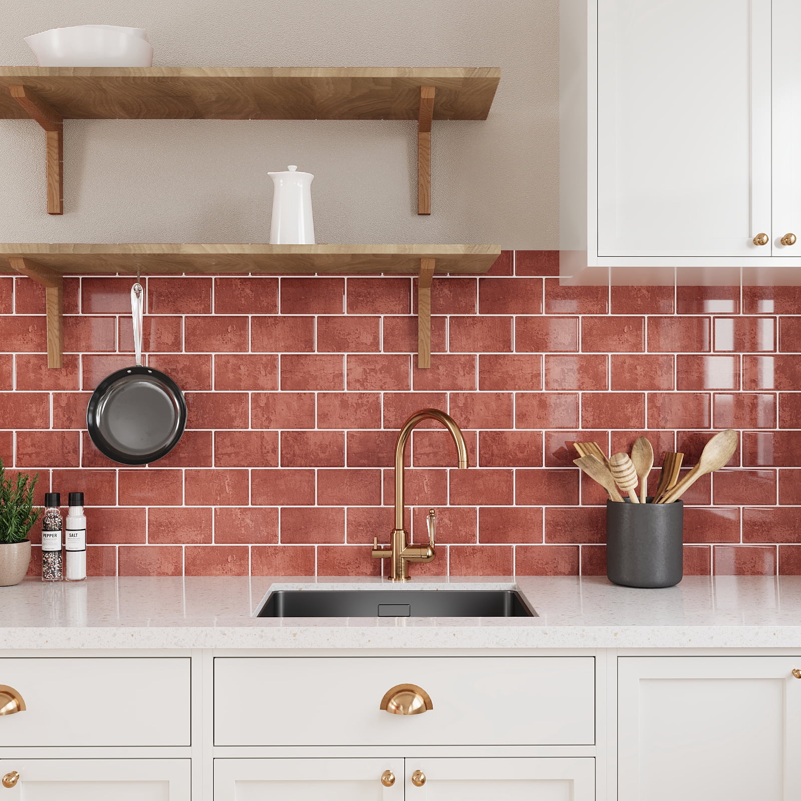 VEELIKE Retro Brick Peel and Stick Tiles Backsplash for Bathroom 12"x12" Glossy Terracotta Subway Tile Peel and Stick Backsplash for Kitchen Waterproof Self Adhesive Vinyl Wall Panels 6 Sheets
