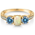 thumbnail image 3 of Gem Stone King 18K Yellow Gold Plated Silver 3-Stone Ring Oval/Cabochon White Ethiopian Opal and Vivid Persian Blue Moissanite (1.63 Cttw, Size 5), 3 of 6