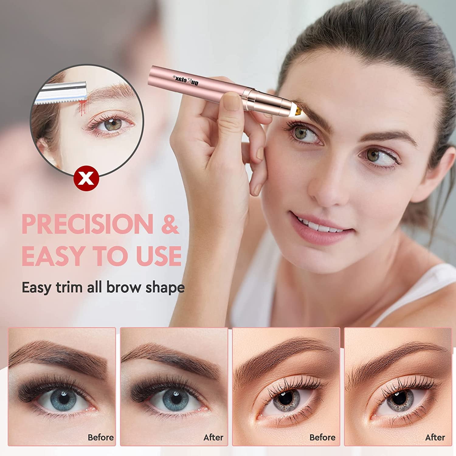 Eyebrow Trimmer for Women, Rechargeable Eyebrow Hair Remover, Painless Electric Razor with 2 x Replacement Heads, Eye Brow and Face Epilator Hair Removal (Rose Gold)