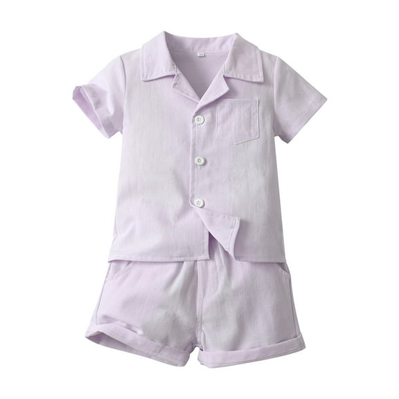 LNMQLPDBS Toddler Boy Sets Solid Color Button Down Shirt & Shorts 2pcs Outfits Boys Dress Shirts Lapel Blouse with Chest Pocket Baby Boy Summer Beach Casual Clothes Sets Purple 2 Years