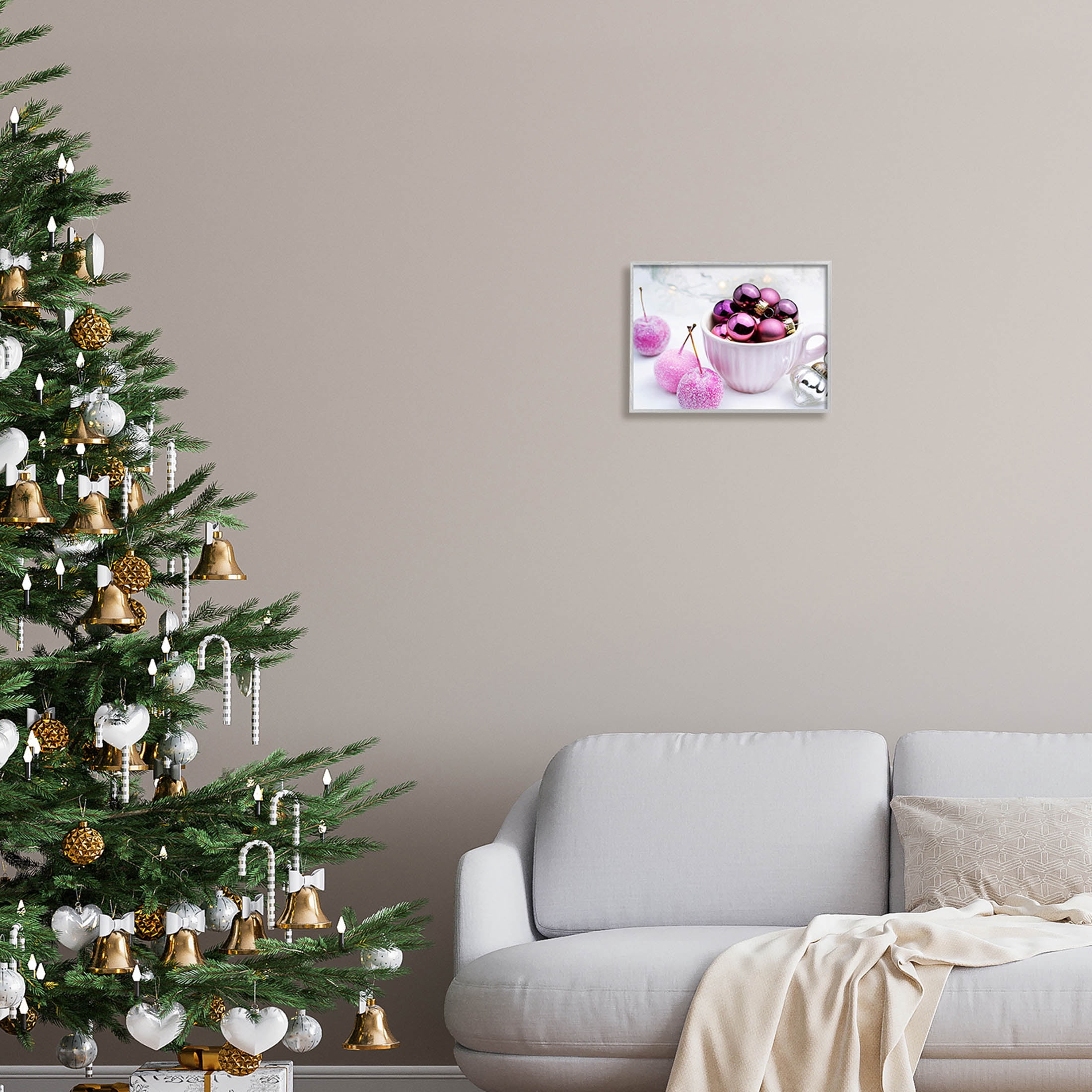 Glimmering Pink Christmas Ornaments Holiday Photograph Gray Framed Art Print Wall Art