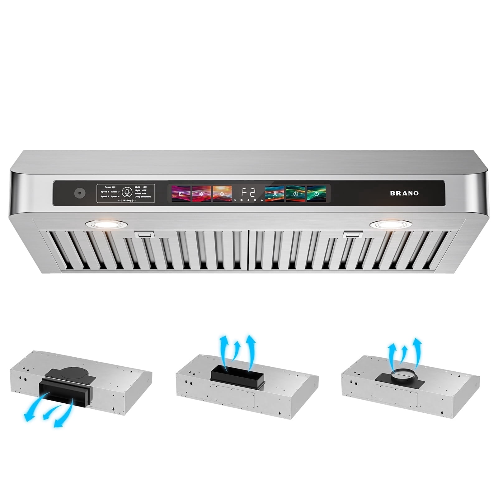 BRANO 30 Inch Under Cabinet Range Hood, 900 CFM Kitchen Vent Hood, 4-Speed, Voice/Gesture/Touch Control, Ducted Stainless Steel, Adjustable LED Lights