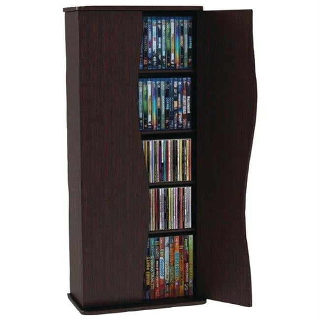 Small Media 4 Shelf Cabinet Curved 2 Doors 35" Espresso CDs DVDs BluRays Storage 