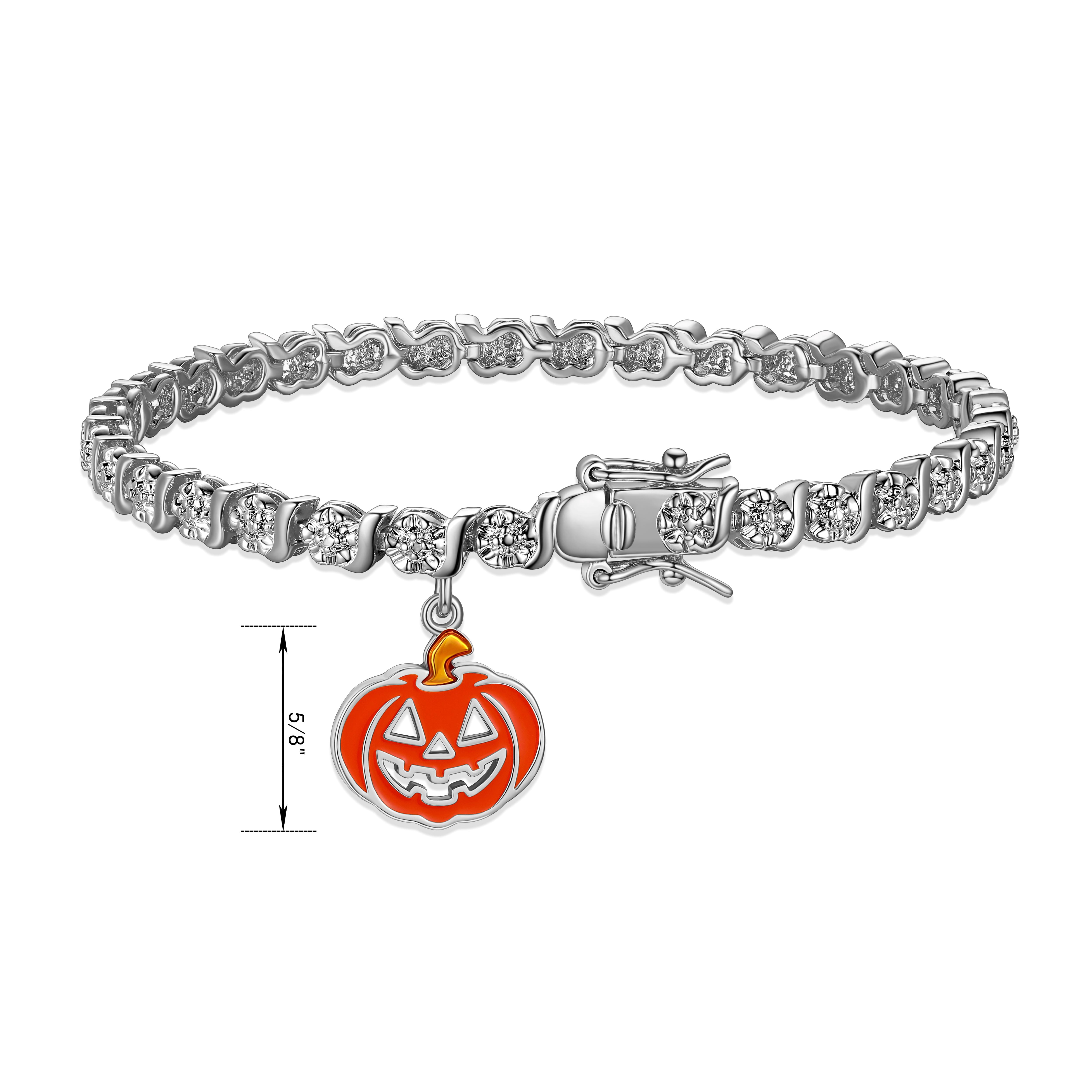 Fine Silver Plated Diamond Accent "S" Link Tennis Bracelet With Enamel Halloween Pumpkin Charm 7.25"