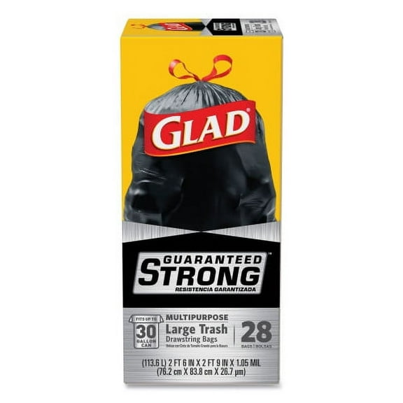 Glad Drawstring Large Trash Bags, 30 gal, 1.05 mil, 30" x 33", Black, 15/Box