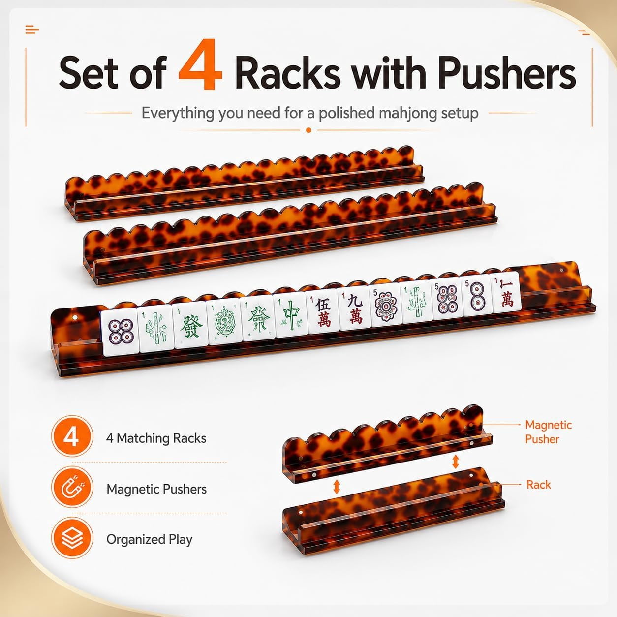 Mahjong Racks with Pushers Set of 4, Scalloped Tortoise Mahjong Racks, Fan-Shaped Acrylic American Mahjong Tile Holders with Magnetic Pushers (Tortoise Beige)